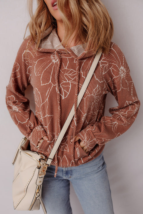 Floral Print Twisted Ribbed Drawstring Kangaroo Pocket Hoodie