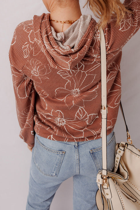 Floral Print Twisted Ribbed Drawstring Kangaroo Pocket Hoodie