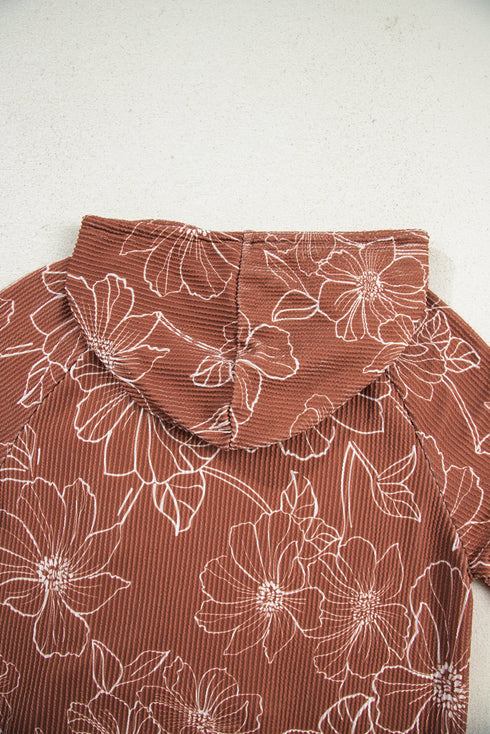 Floral Print Twisted Ribbed Drawstring Kangaroo Pocket Hoodie
