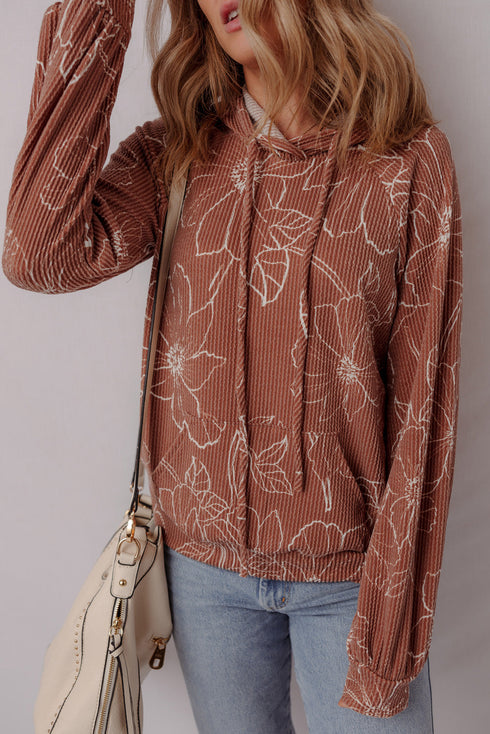 Floral Print Twisted Ribbed Drawstring Kangaroo Pocket Hoodie
