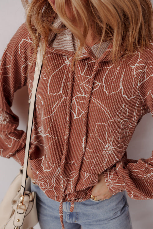 Floral Print Twisted Ribbed Drawstring Kangaroo Pocket Hoodie