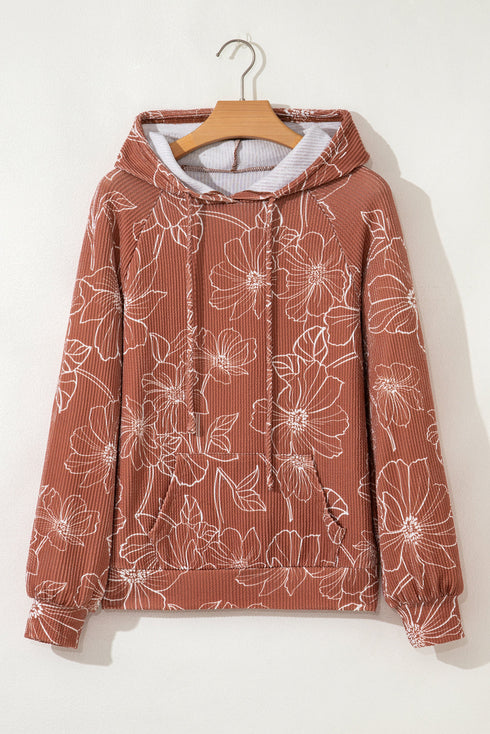 Floral Print Twisted Ribbed Drawstring Kangaroo Pocket Hoodie