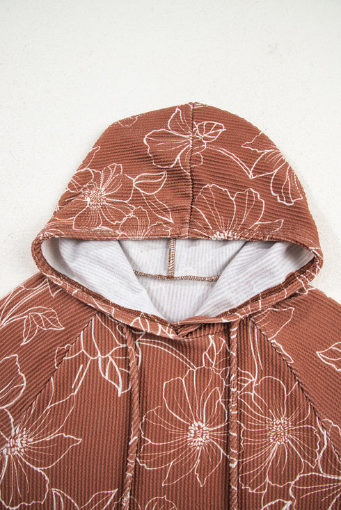 Floral Print Twisted Ribbed Drawstring Kangaroo Pocket Hoodie