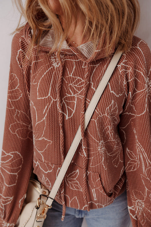 Floral Print Twisted Ribbed Drawstring Kangaroo Pocket Hoodie