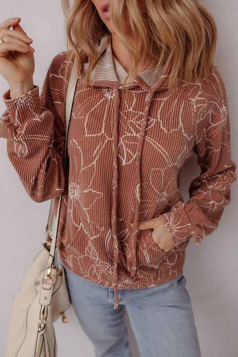 Floral Print Twisted Ribbed Drawstring Kangaroo Pocket Hoodie