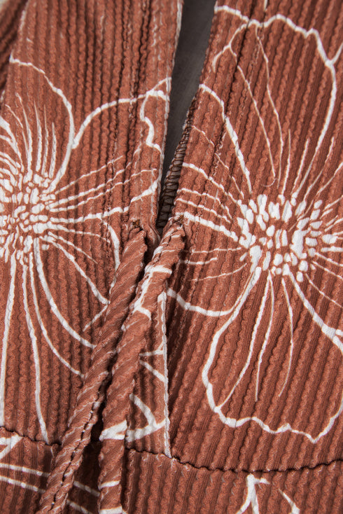 Floral Print Twisted Ribbed Drawstring Kangaroo Pocket Hoodie