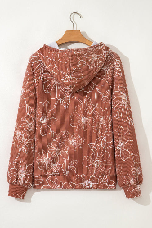 Floral Print Twisted Ribbed Drawstring Kangaroo Pocket Hoodie