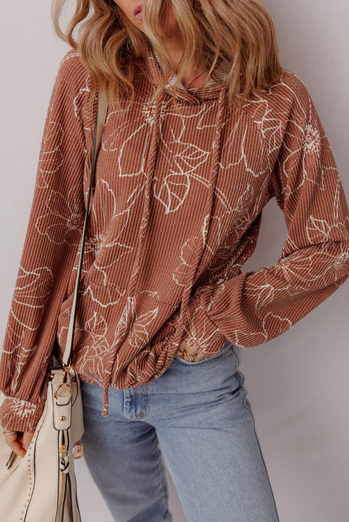 Floral Print Twisted Ribbed Drawstring Kangaroo Pocket Hoodie
