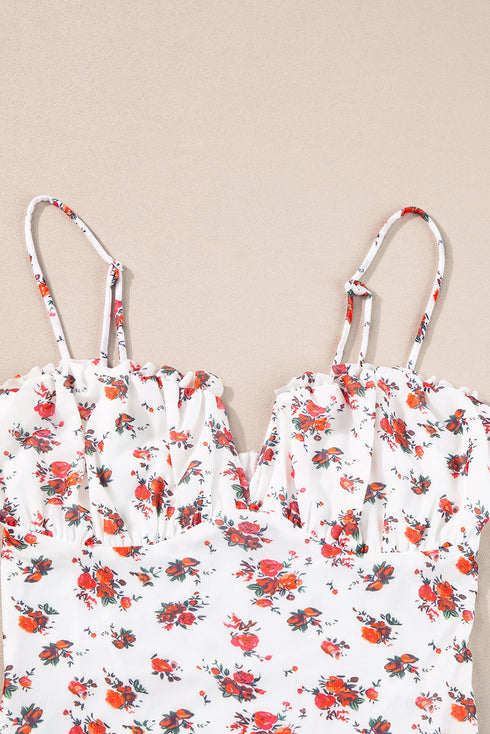Floral Print V Cut Sheer Frilled Spaghetti Strap Bodysuit