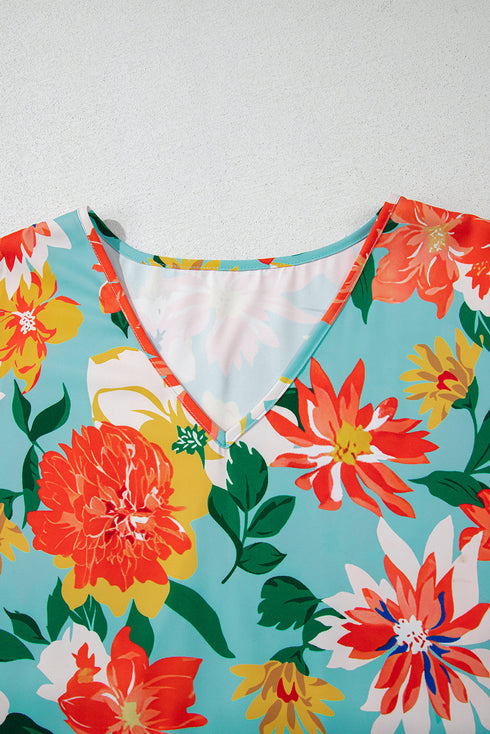 Floral Print V Neck Batwing Sleeve Blouse