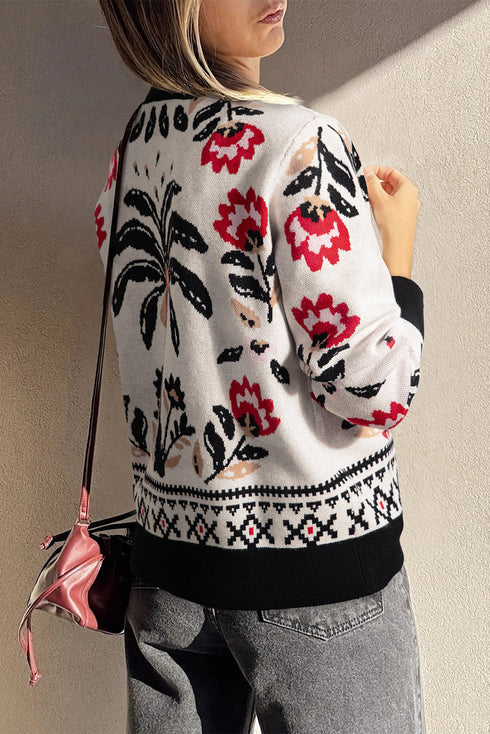 Floral Print V Neck Button Front Knit Cardigan