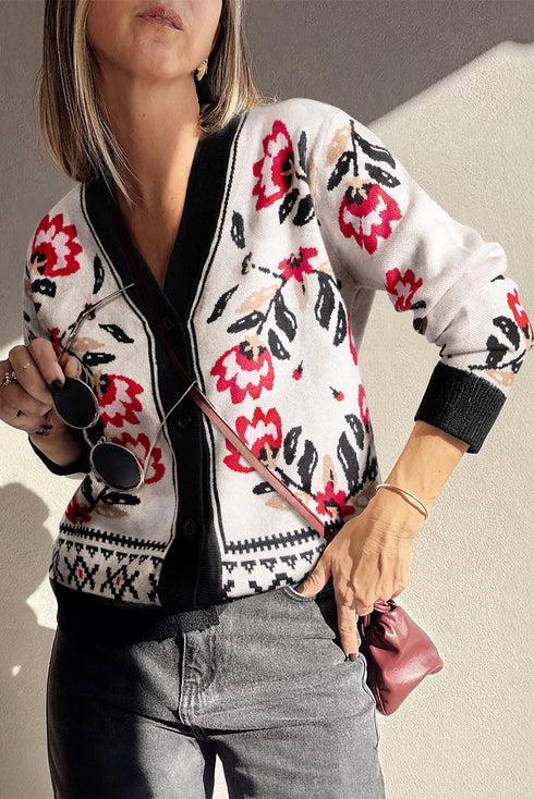 Floral Print V Neck Button Front Knit Cardigan