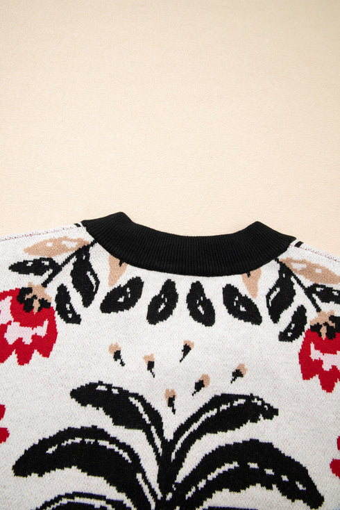 Floral Print V Neck Button Front Knit Cardigan