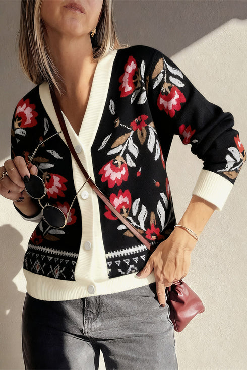 Floral Print V Neck Button Front Knit Cardigan