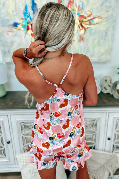 Floral Print V Neck Cami And Ruffled Shorts Lounge Set