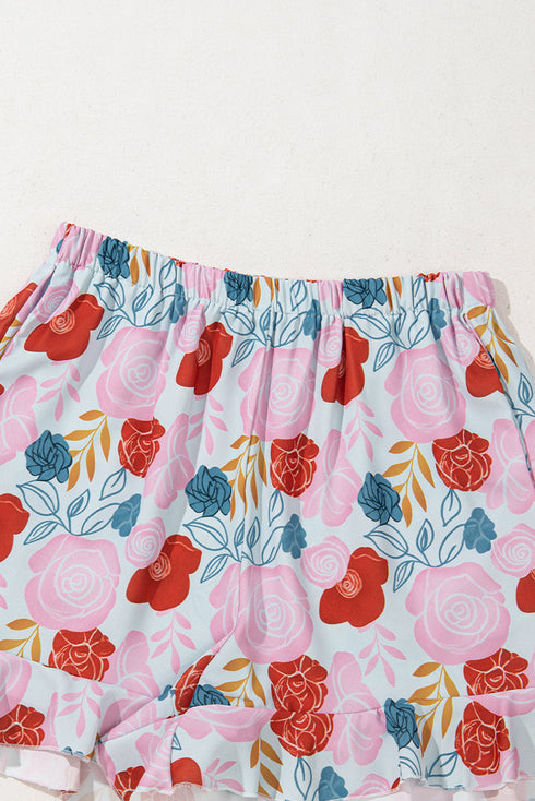 Floral Print V Neck Cami And Ruffled Shorts Lounge Set