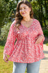 Floral Print V Neck Flared Bracelet Sleeve Blouse