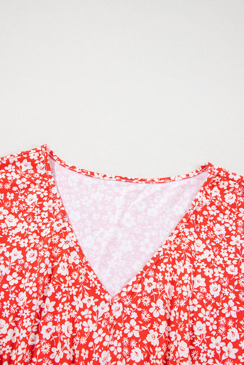 Floral Print V Neck Flared Bracelet Sleeve Blouse