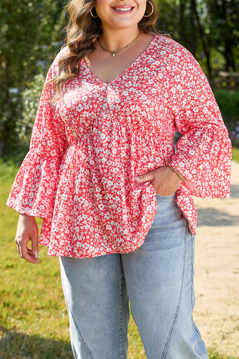 Floral Print V Neck Flared Bracelet Sleeve Blouse