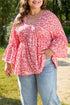 Floral Print V Neck Flared Bracelet Sleeve Blouse