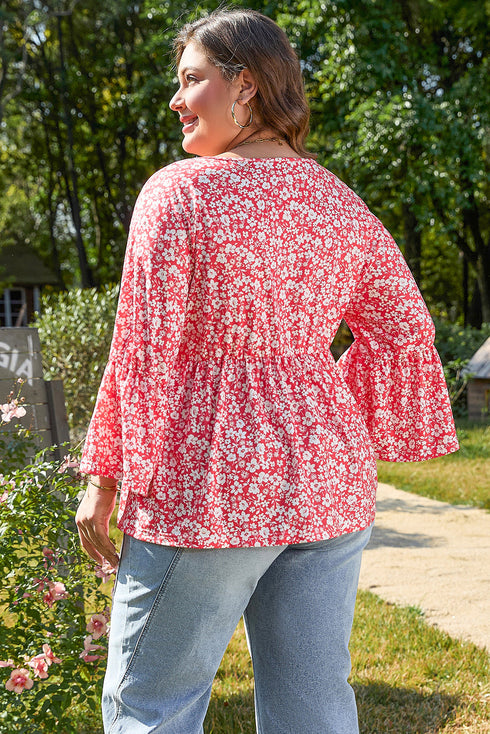 Floral Print V Neck Flared Bracelet Sleeve Blouse