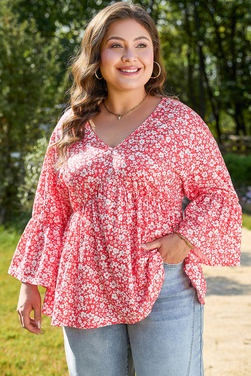 Floral Print V Neck Flared Bracelet Sleeve Blouse