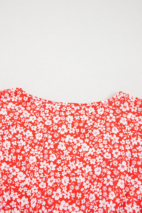 Floral Print V Neck Flared Bracelet Sleeve Blouse
