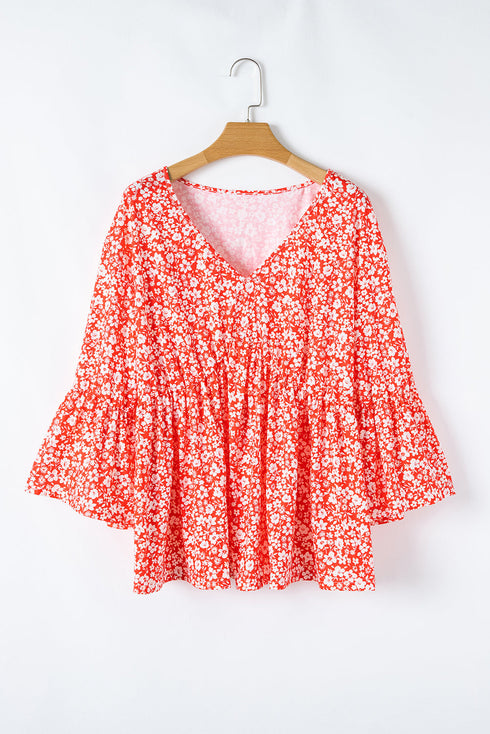 Floral Print V Neck Flared Bracelet Sleeve Blouse