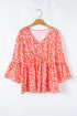 Floral Print V Neck Flared Bracelet Sleeve Blouse