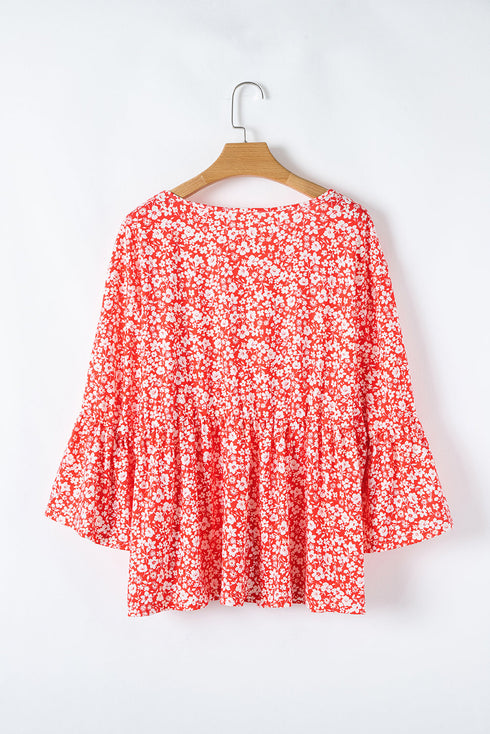 Floral Print V Neck Flared Bracelet Sleeve Blouse