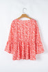 Floral Print V Neck Flared Bracelet Sleeve Blouse