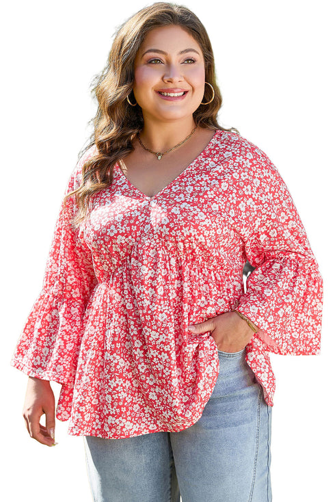 Floral Print V Neck Flared Bracelet Sleeve Blouse