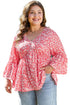 Floral Print V Neck Flared Bracelet Sleeve Blouse