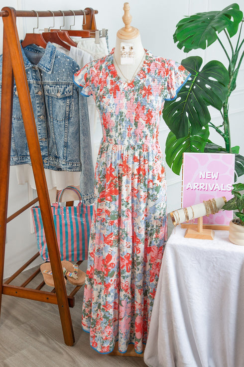 Floral Print V Neck Flutter Sleeve A Line Long Dress