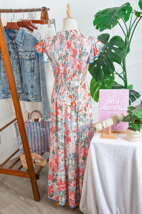 Floral Print V Neck Flutter Sleeve A Line Long Dress