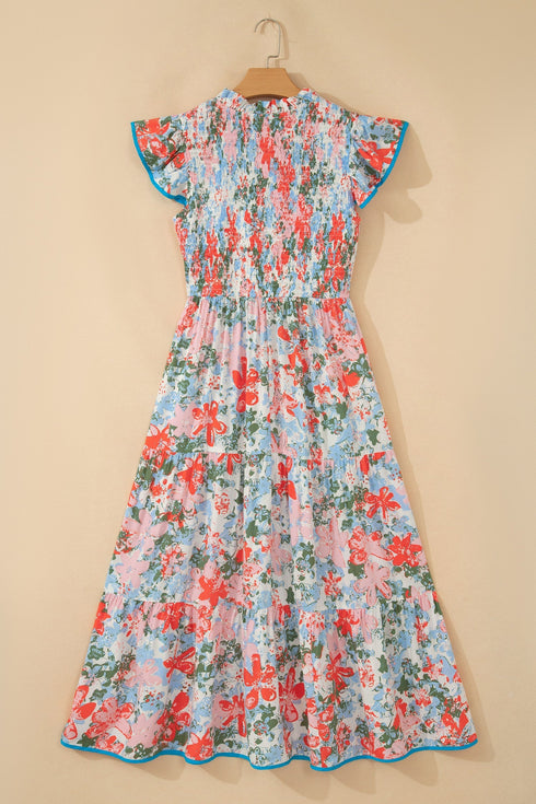 Floral Print V Neck Flutter Sleeve A Line Long Dress