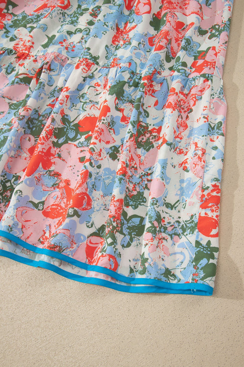 Floral Print V Neck Flutter Sleeve A Line Long Dress