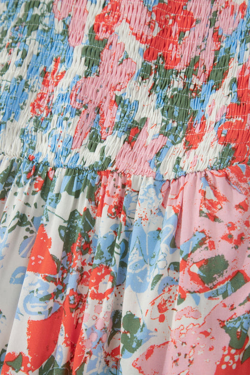Floral Print V Neck Flutter Sleeve A Line Long Dress