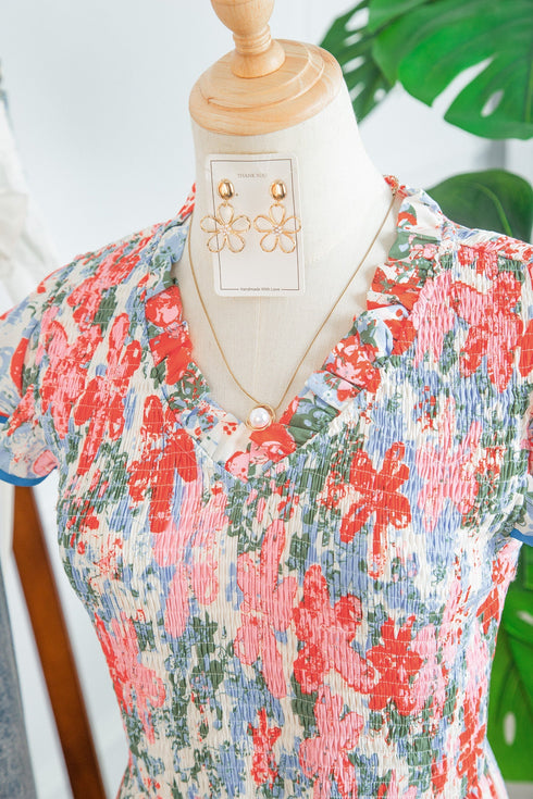 Floral Print V Neck Flutter Sleeve A Line Long Dress