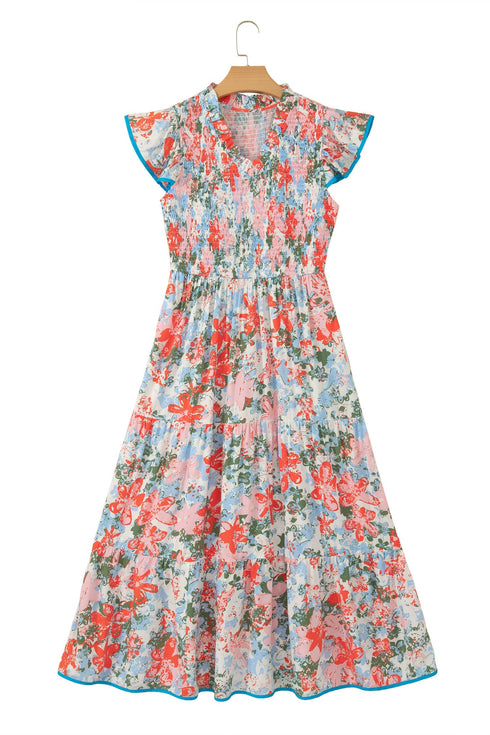 Floral Print V Neck Flutter Sleeve A Line Long Dress