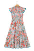 Floral Print V Neck Flutter Sleeve A Line Long Dress