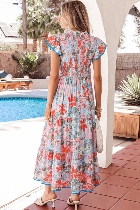 Floral Print V Neck Flutter Sleeve A Line Long Dress