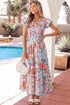 Floral Print V Neck Flutter Sleeve A Line Long Dress