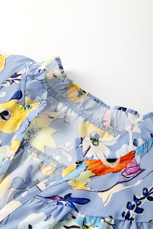 Floral Print V Neck Flutter Sleeve Woven Blouse