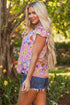 Floral Print V Neck Flutter Sleeve Woven Blouse
