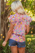 Floral Print V Neck Flutter Sleeve Woven Blouse