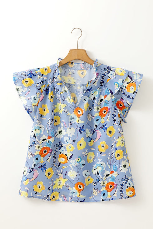 Floral Print V Neck Flutter Sleeve Woven Blouse