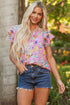 Floral Print V Neck Flutter Sleeve Woven Blouse