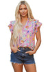 Floral Print V Neck Flutter Sleeve Woven Blouse