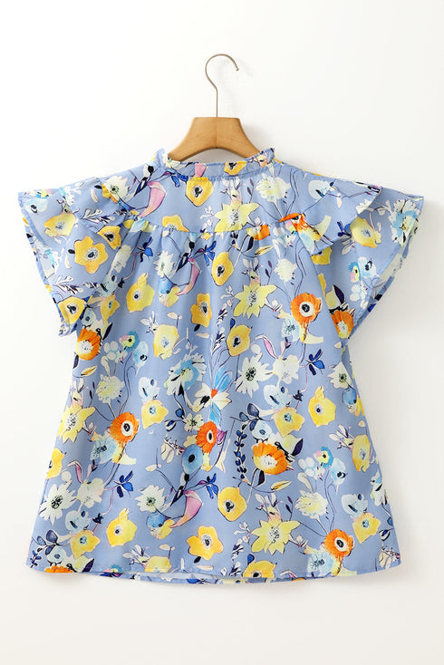 Floral Print V Neck Flutter Sleeve Woven Blouse